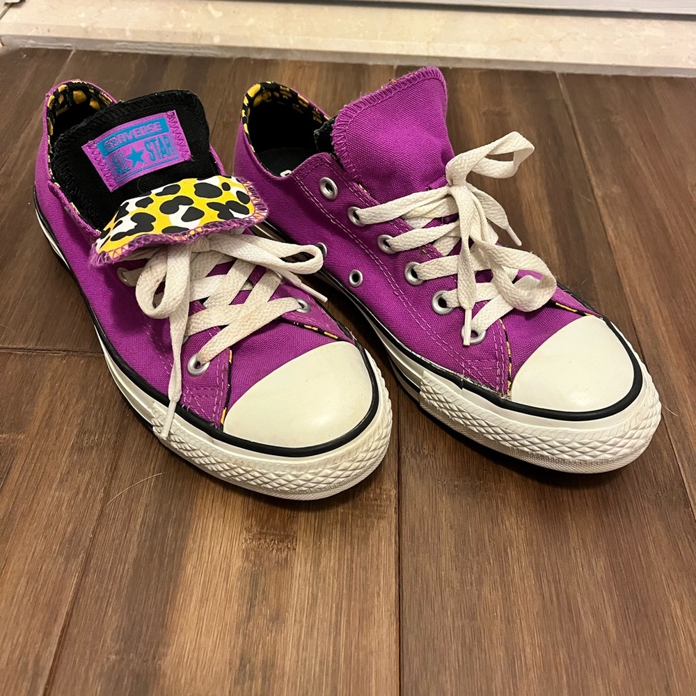 CONVERSE double tongue purple and leopard print sneakers- hard to find!!